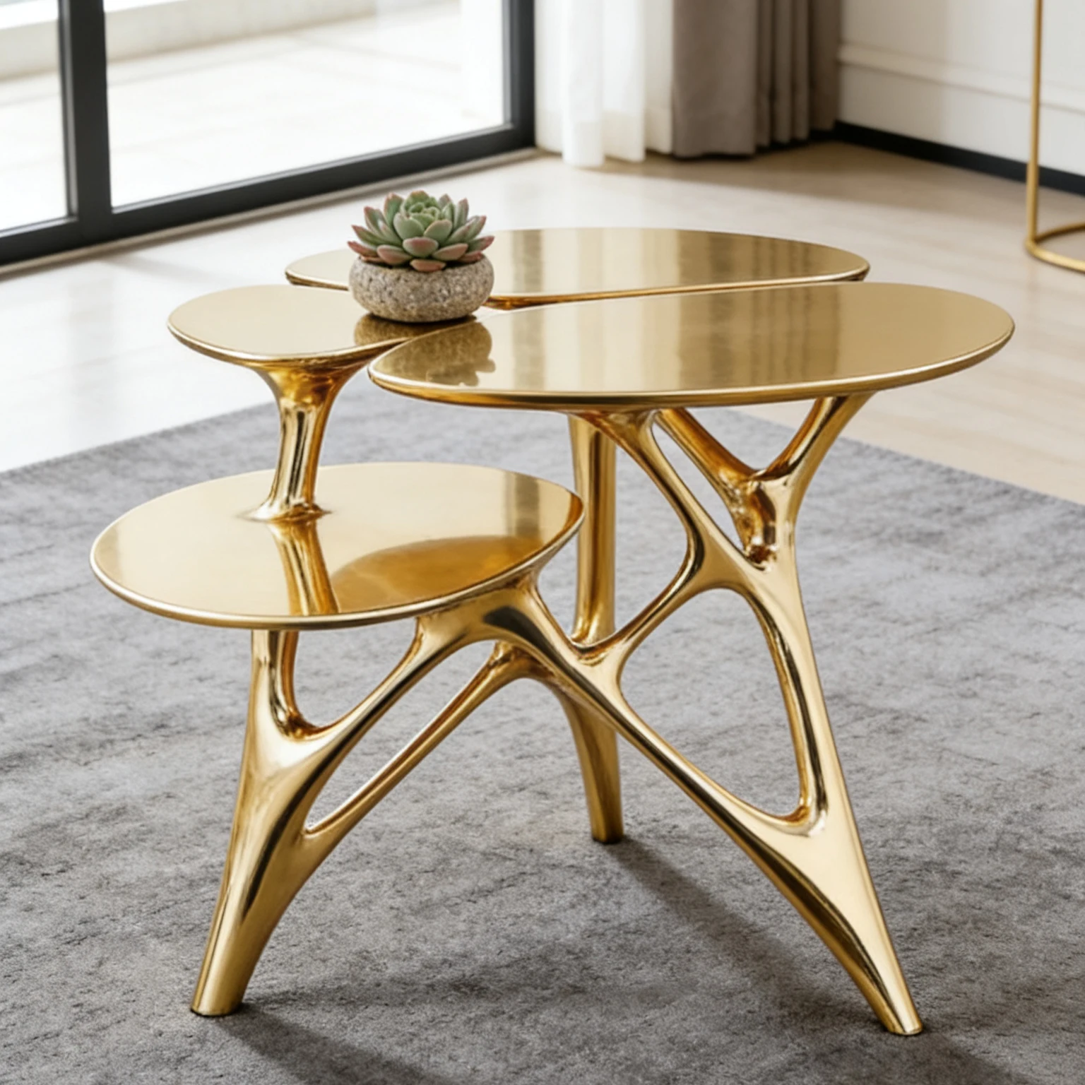 Polished Gold Multi-Level Side Table with Organic Design for Upscale Home and Hotel Decor