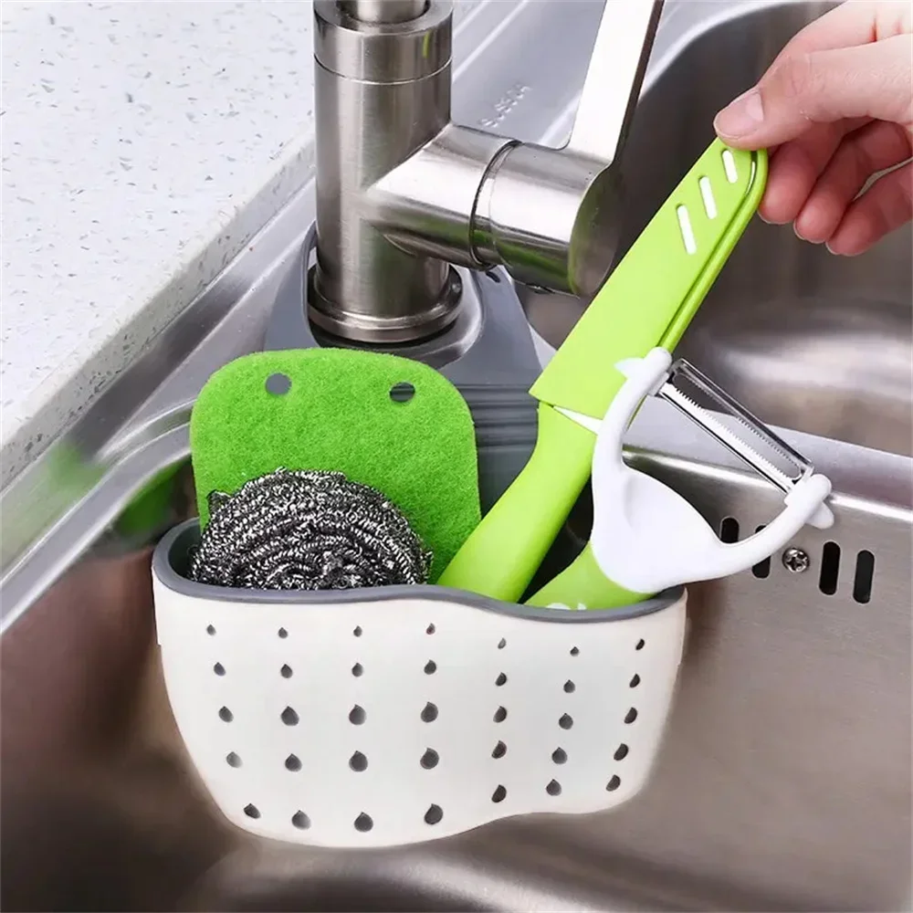 1pc Double Sink Draining Hanging Bag Adjustable Press Faucet Shelf Sponge Double Basket Storage Kitchen Supplies