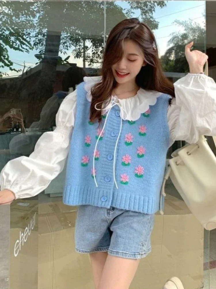 Vintage Lovely Sweater Vests Girl Gentle Cozy Embroidery Prairie Chic O-neck Students Sweet Design Y2k Preppy All-match