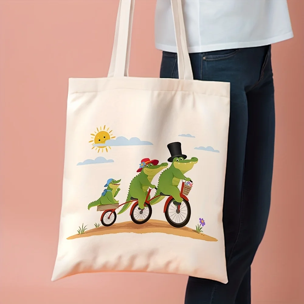 Crocodile Illustration Canvas Tote Bag Grocery Bags Stylish Shopping Bag for Daily Use, Commuting, and Beach Travel
