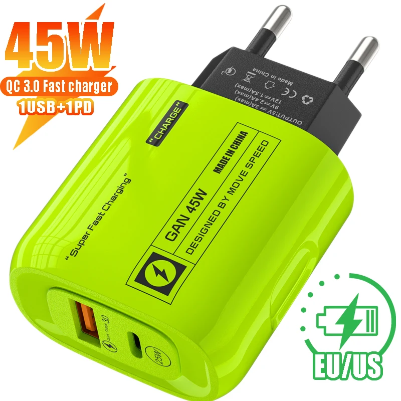 45W Fast Charger PD25W Quickly Charging QC 3.0 2Ports GAN Type-C Phone Chargers for IPhone 15 14/15 Pro Samsung Huawei Xiaomi