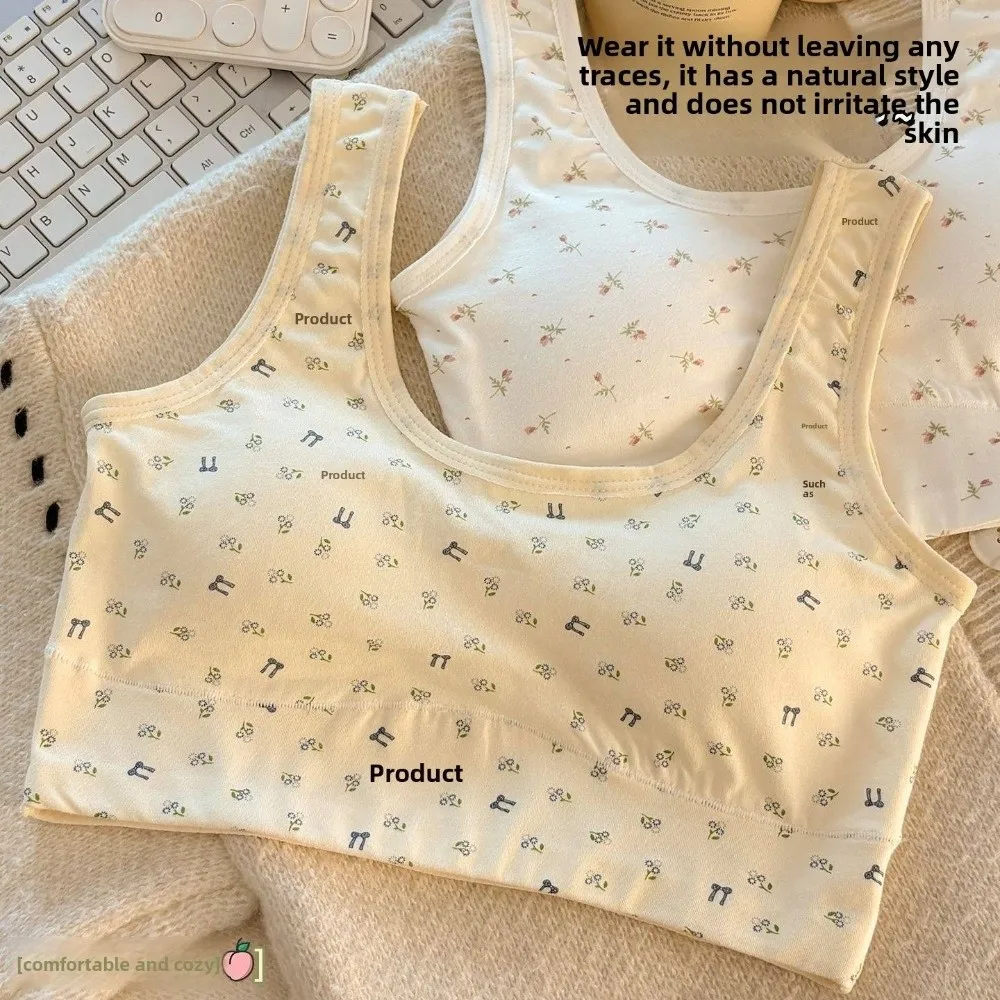 Gifts Pure Cotton Active Underwear Shockproof Seamless Fixed Cup Bra Floral Breathable Vest for Teenage Girls