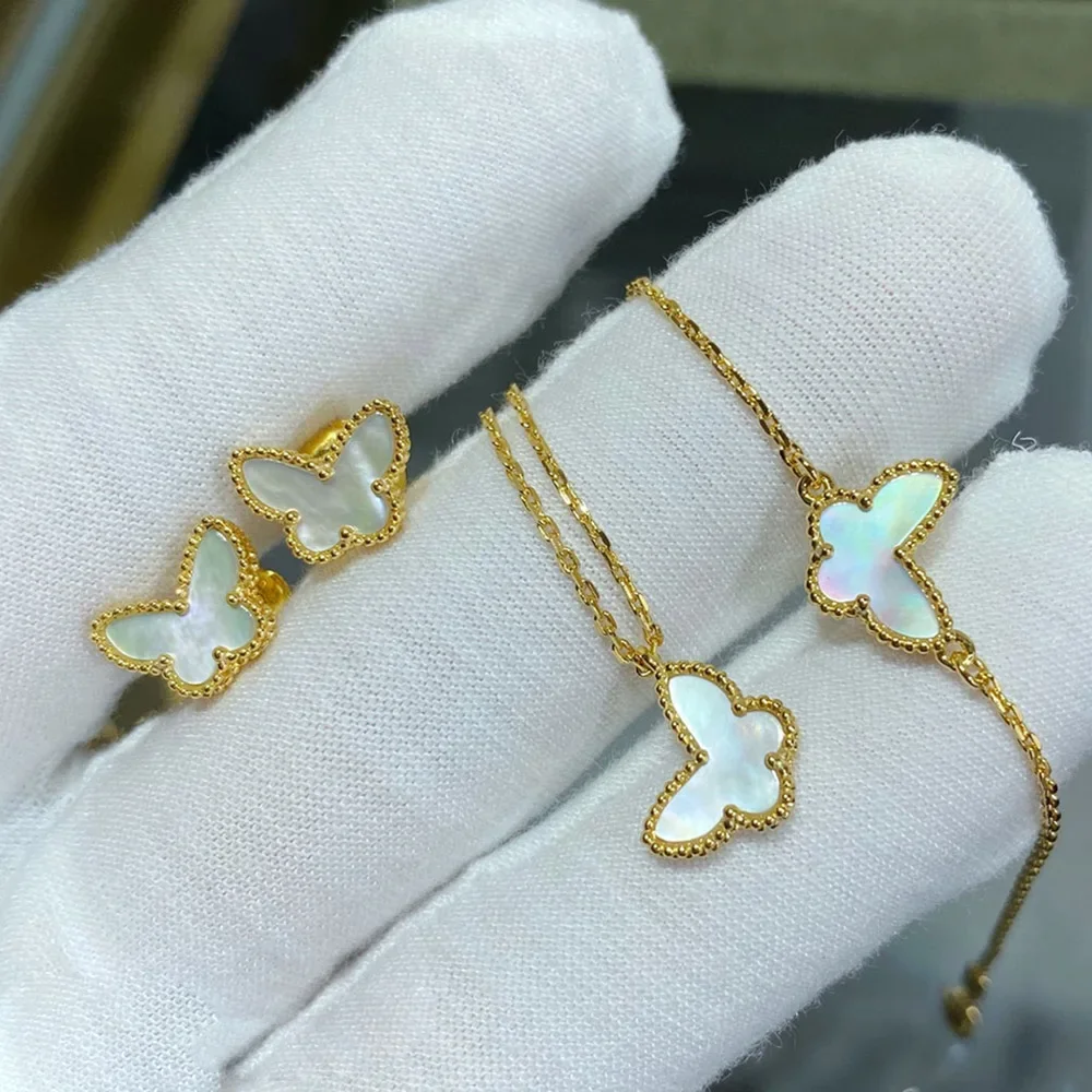 18K Quality V Gold Luxury Brand Earrings Neckalce Bracelet for Women Clover Fine Mother Pearl Shell Mini Butterfly Jewelry Sets