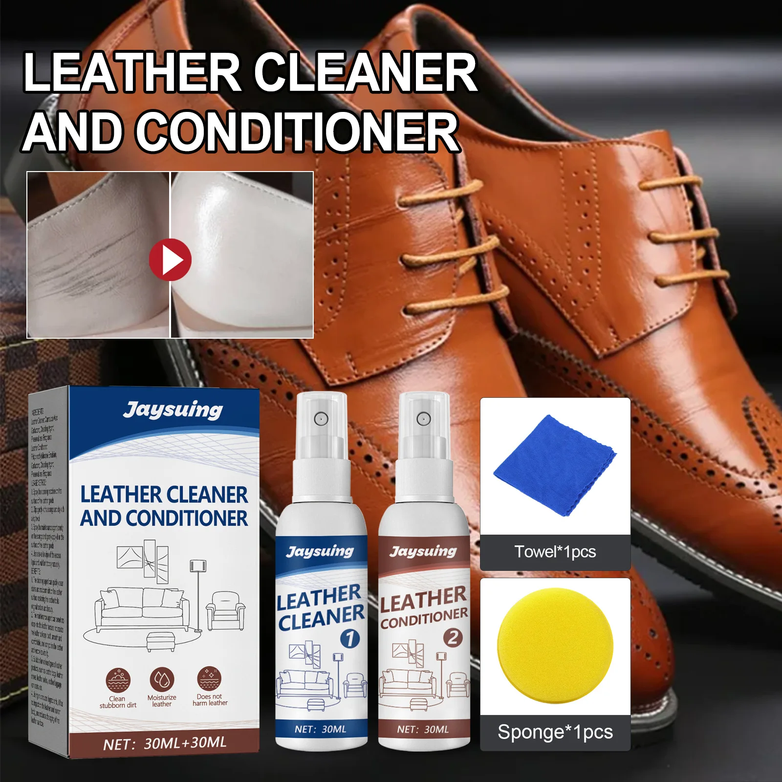

Leather Cleaner & Conditioner Kit - Gentle Formula for Bags, Shoes, Sofas & Car Seats, Restores & Protects Genuine Leather 30ml