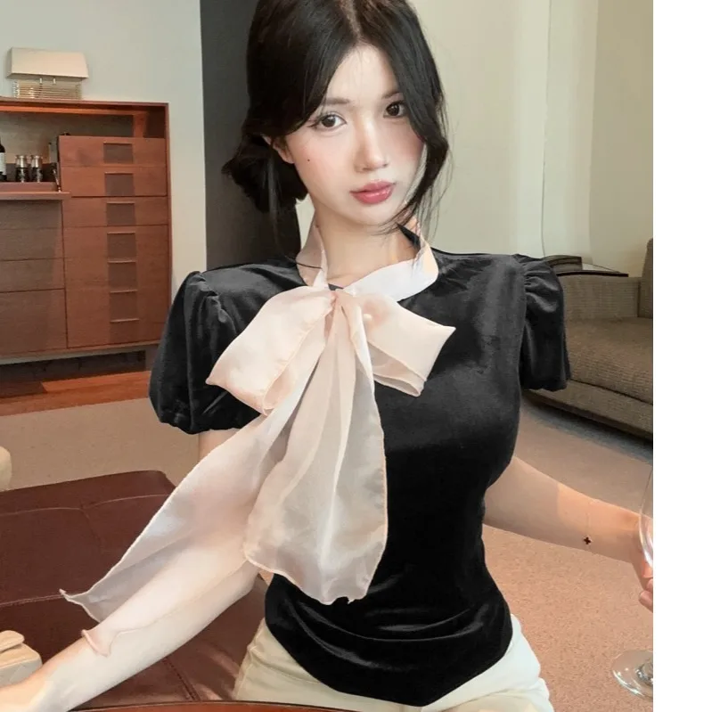 خريف شتاء جديد Sle المرأة irt القوس عقدة الساتان يشعر الطبقات الخصر تصميم سليم صالح ort Sve فقاعة Sve #3