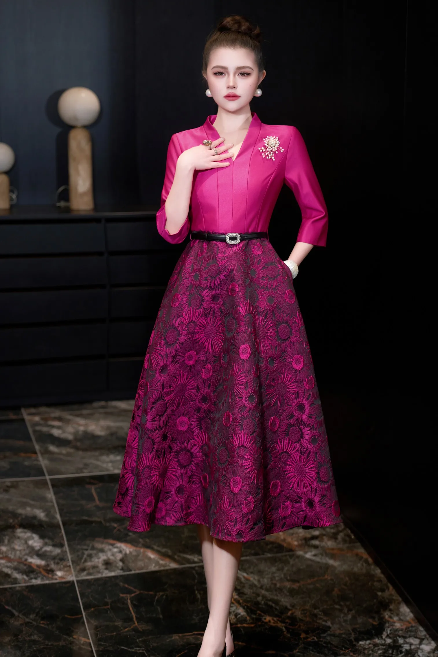 ZJYT primavera nuevo 2026 elegante Midi Vintage vestidos de Jacquard para mujeres mangas tres cuartos cuello en V vestido de fiesta de lujo bata femenina