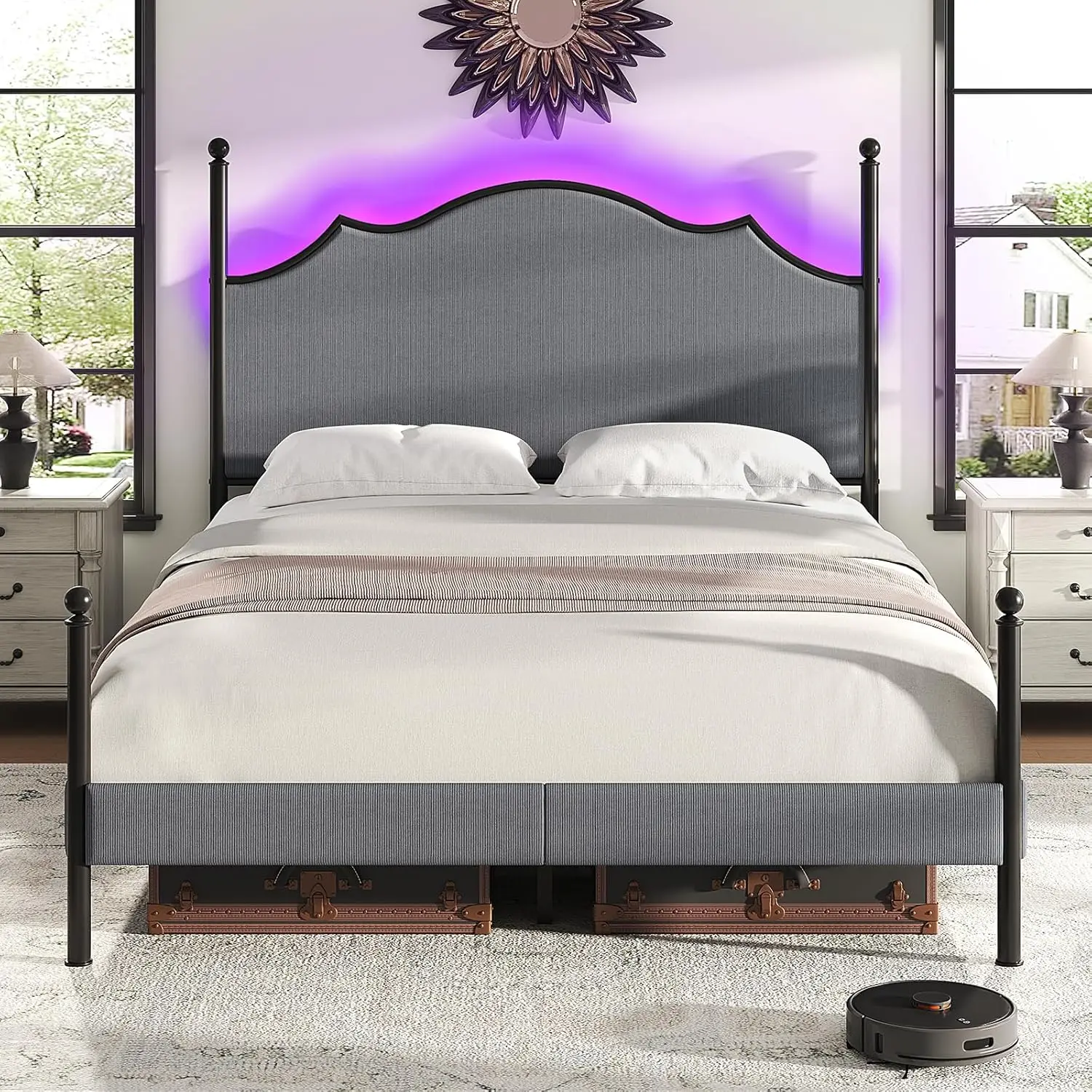 Queen Bed Frame with LED Light & Arch Headboard, Modern Corduroy Upholstered Platform Bed with Metal Poster, No Box Spring Neede