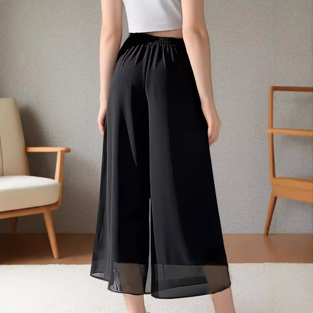 Women Fashion Solid Straight Pants Elegant Mesh Splicing High Elastic Waist Female Chic Lady Trousers Casual Women's Clothing