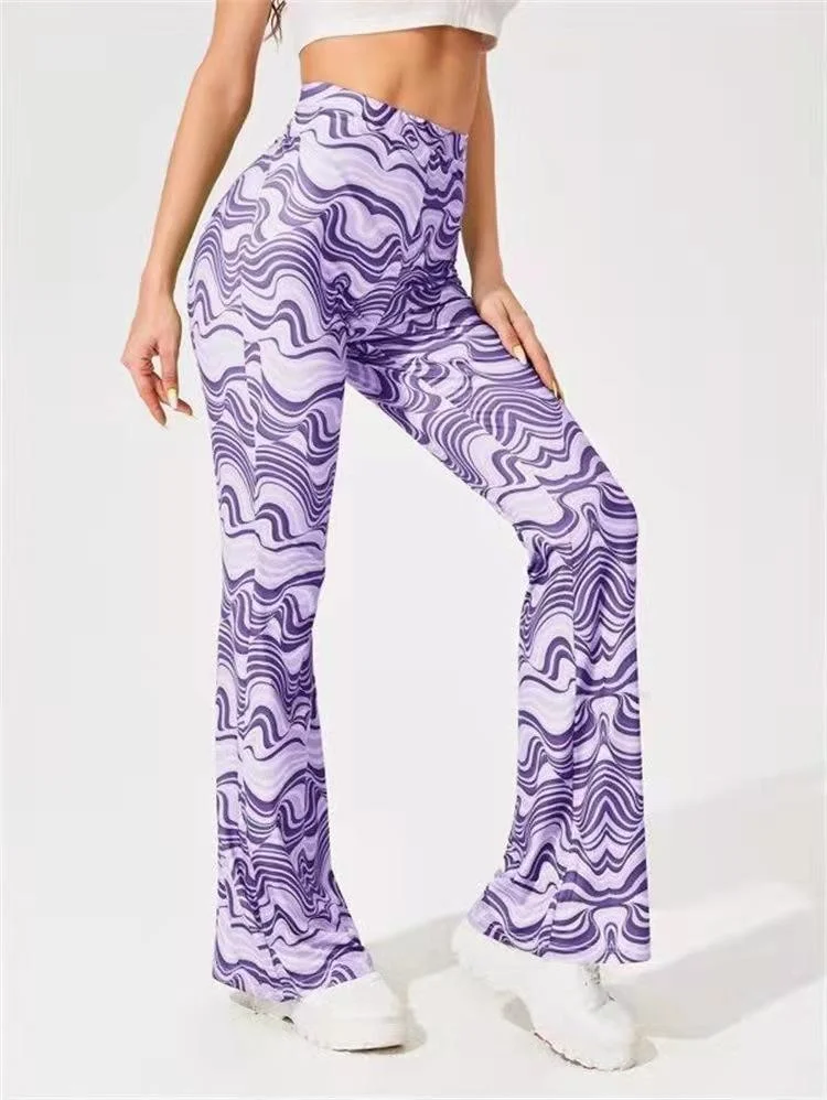 Women's All Over Print High Waisted Hippie Flare Leg Pants Y2k Trousers Streetwear 7 Colors