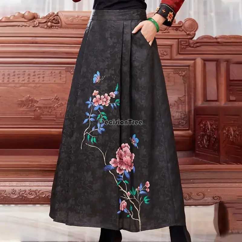 Jupe longue imprimée en fil de style rétro chinois pour femmes, costume tang classique, ample, taille haute, 2023, g522