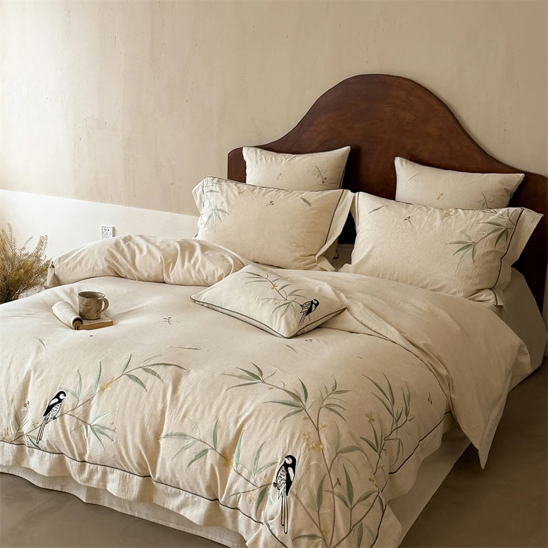 Oriental Bamboo Bird Embroidery Cotton Linen Blend Bedding Set Duvet Cover Vintage Chinese Style Farmhouse Bed Linen Pillowcases