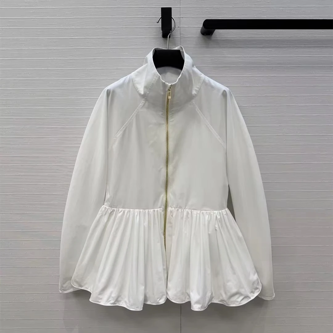 2026 New Autumn Fashion Sweet Solid Color Jacket Women Slim Waist Ruffles Gold Zipper Long Sleeve Chic Coat