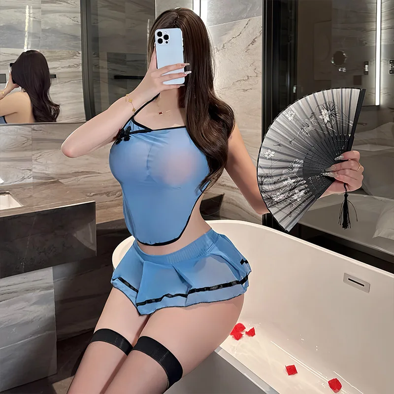 Lencería Cheongsam tradicional china de talla grande, minifalda transparente DuDou, uniforme de Cosplay puesta en escena, camisón transparente