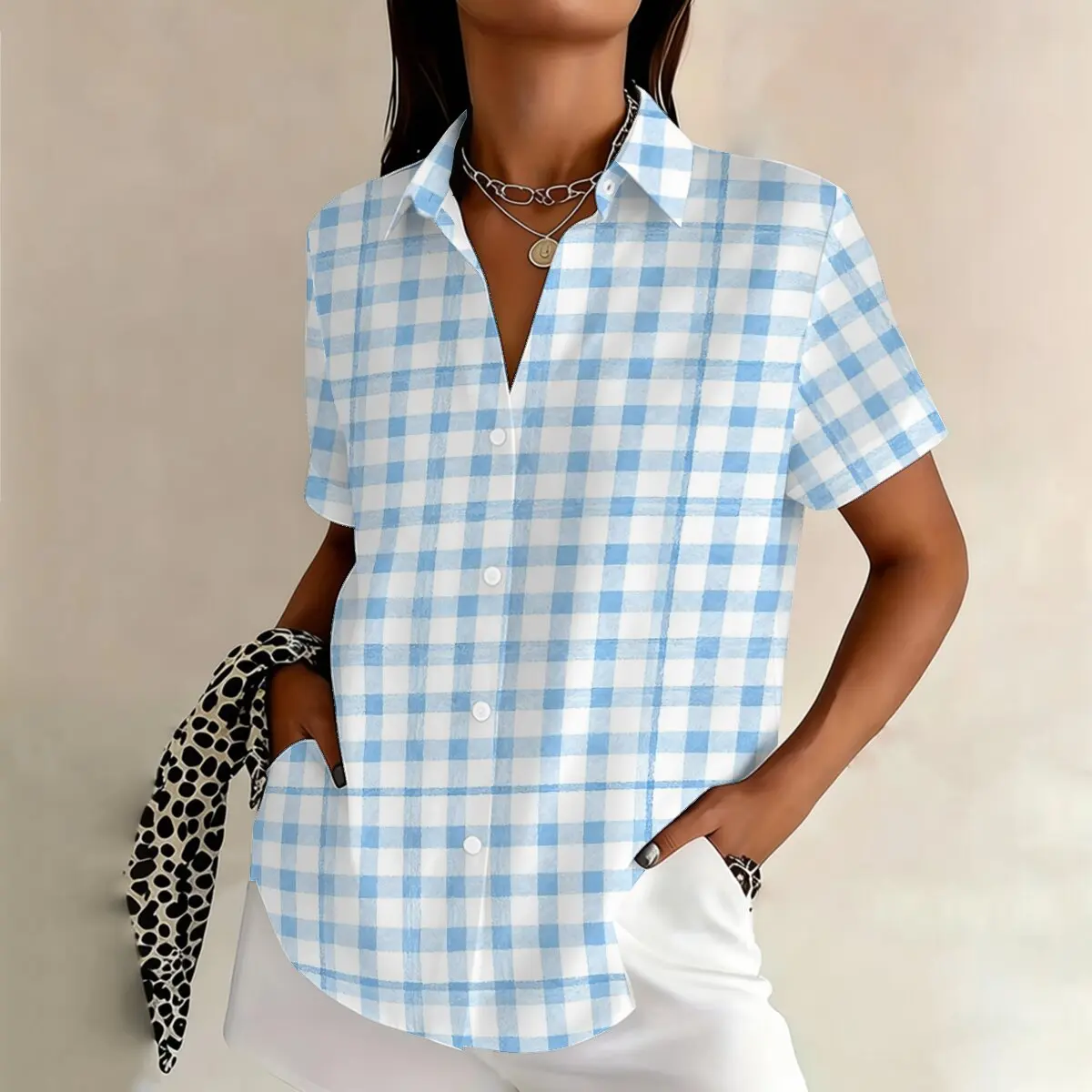 

Personalized and minimalist checkered printed women's summer collar short sleeved shirt, fashionable and versatile daily top