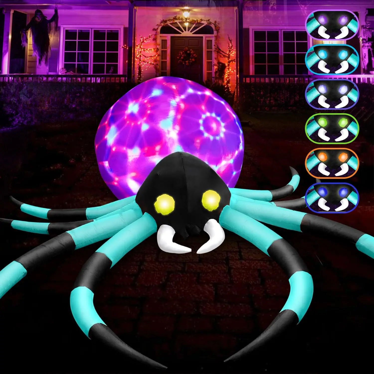 12Ft Giant Halloween Inflatables Spider Cyan Built In 7 Color Shifting Eyes 3 Effect Flashing Belly Large Outdoor Huge Blow Up Y