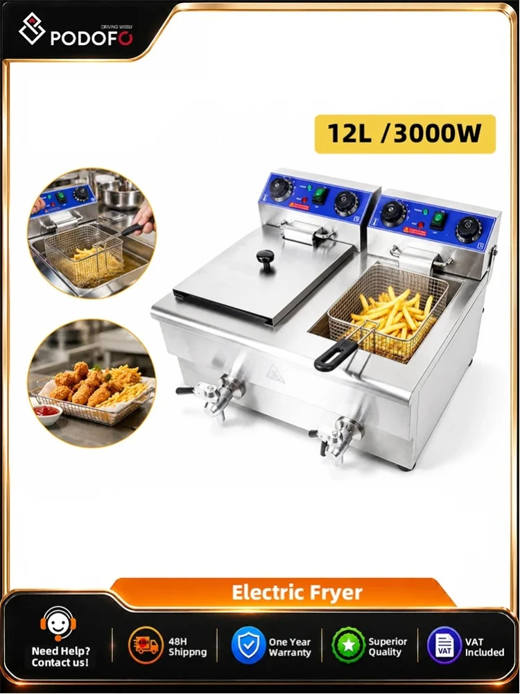 Podofo 3000W 12L Gewerbliche Elektrische Fritteuse mit Doppelbehältern Edelstahl-Tischfritteuse für Hähnchen, Pommes Frites und Chips