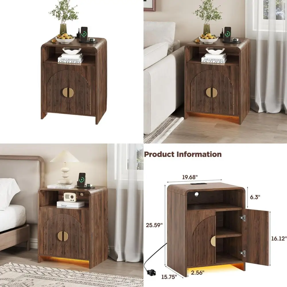 Walnut Modern Nightstand with Charging, LED Lights & Adjustable Storage