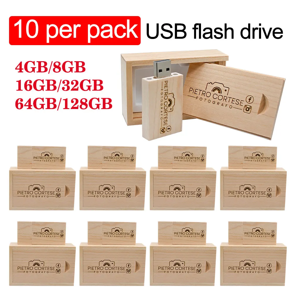 10PCS Walnut Wooden USB 2.0 Flash Drive Pen usb 128GB wood Pen drive Memory Stick 16GB 32GB 64GB Wedding Photography Gift Custom