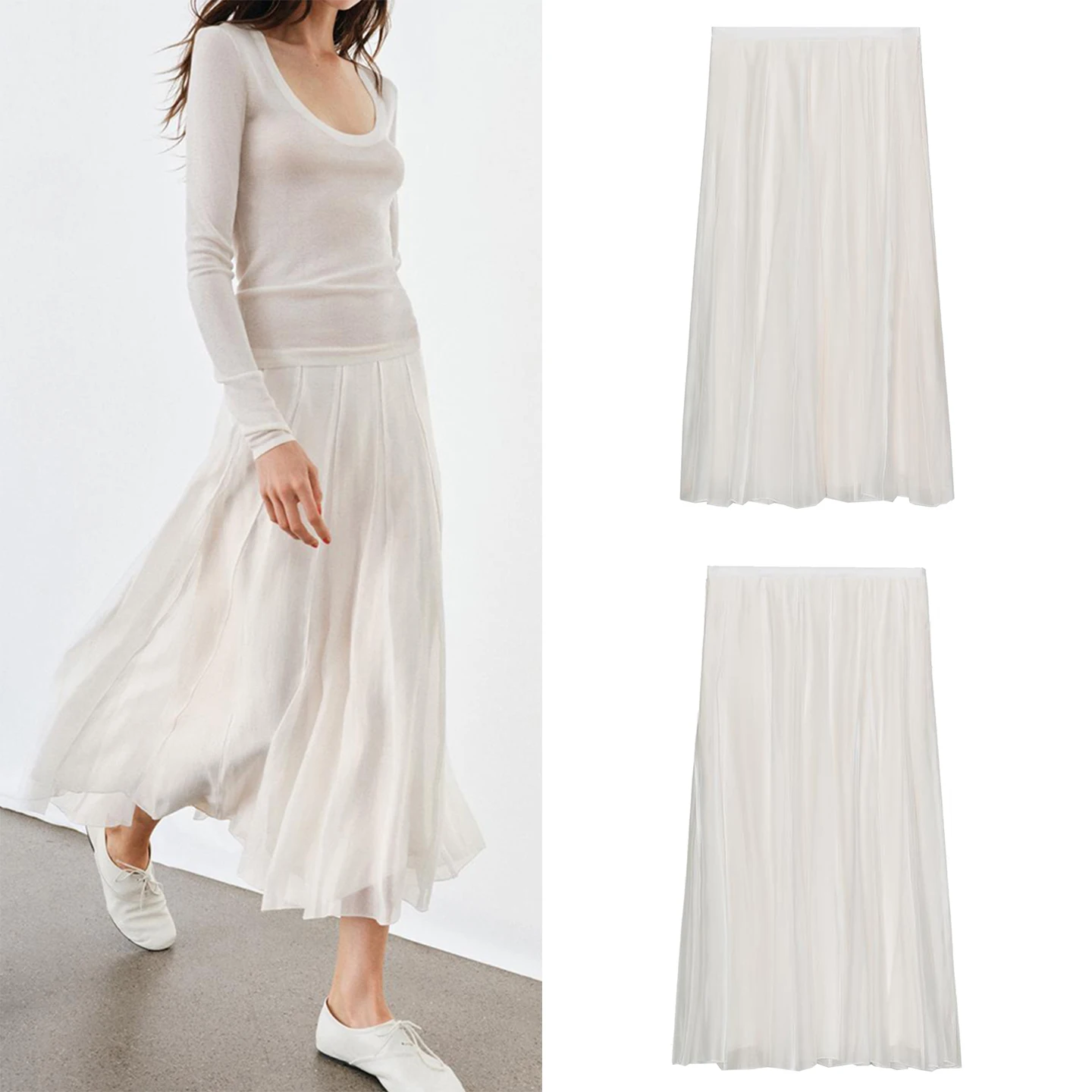 

Весна 2026: Женская модная юбка миди с драпировкой и вставками, свободного кроя, с плиссировкой, из других материалов, другие характеристики