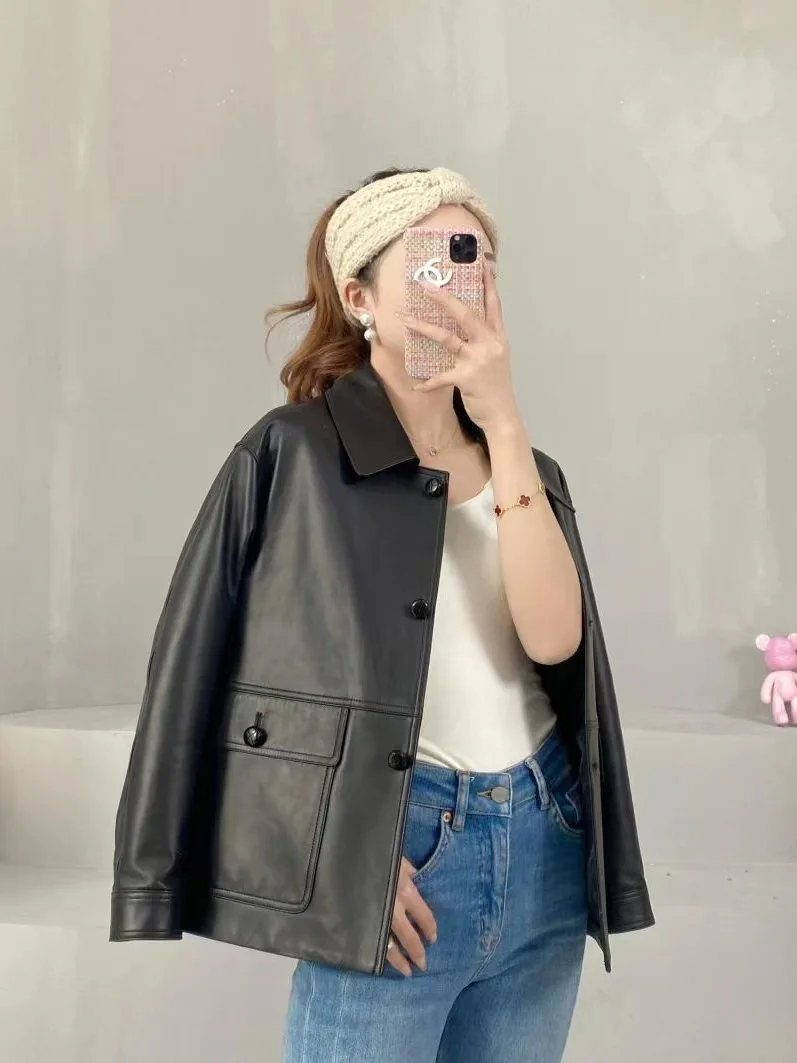 Sheepskin leather jacket for women's autumn 2024 new large pocket lapel loose and slimming casual small leather jacket