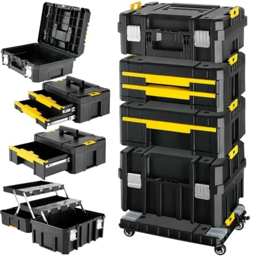 4-Tier Stackable Rolling Tool Box with Wheels and Drawers for Garage Use, Steel Construction, Black Finish, Heavy-duty Smooth-g