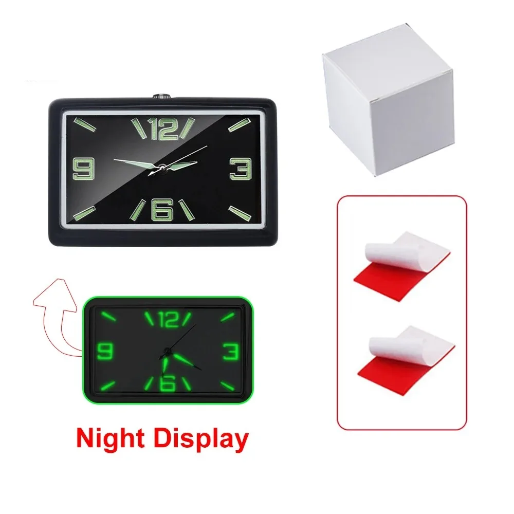 Plated Metal Car Dashboard Clock Square Mini Self-adhesive Quartz Clock Stick-On Luminous Car Square Decorative Clock