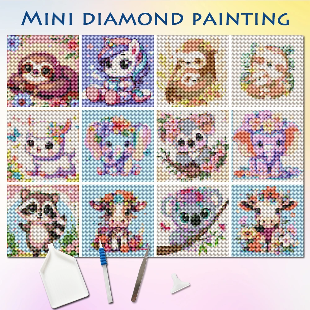 Evershine DIY 12 Stück Mini-Diamantgemälde, Koala, Elefant, Waschbär, Tier, rund, Diamant-Mosaik, Rinder, Faultier, Cartoon-Wandkunst