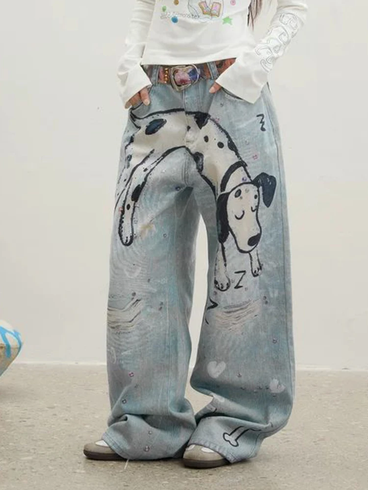 Niche design hand-painted Dalmatian jeans broken diamond printed straight-leg pants  streetwear women korean