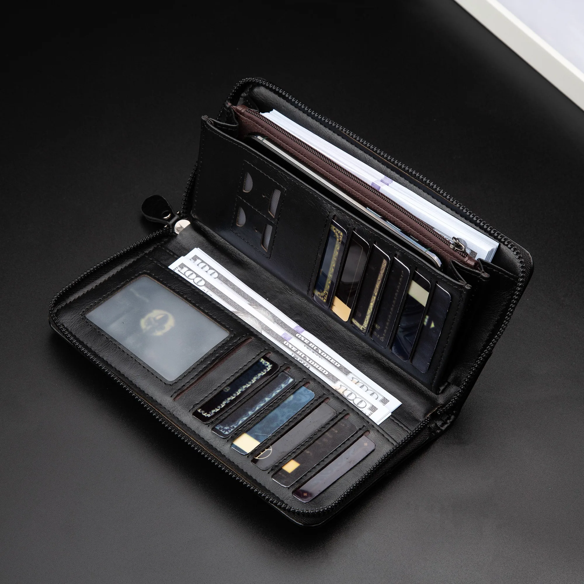 Portafoglio da uomo con cerniera lunga Portafoglio in pelle PU di alta qualità per uomo Blocco RFID Pochette da lavoro Porta carte di credito Borsa da uomo