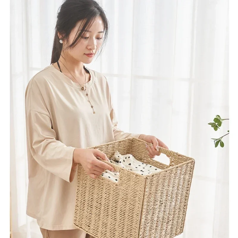 Woven Wicker Storage Basket Square Toy Snack Storage Basket Wardrobe Clothes Organizer Box Home Sundries Storage