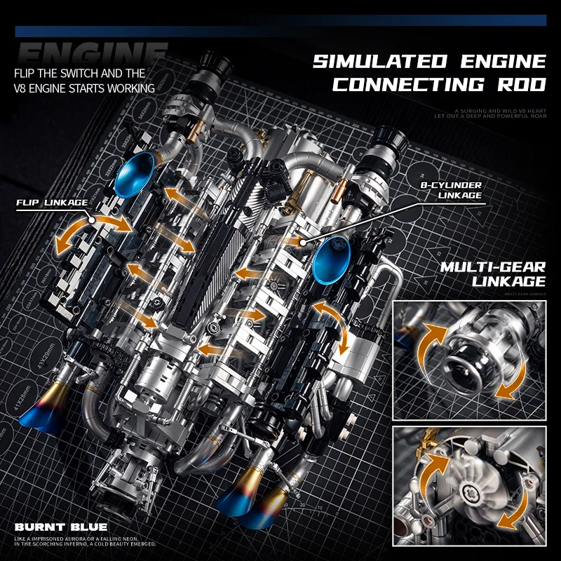 Technical Supercar V8 Engine Building Blocks Kit Model Power Motor Driven Desktop Ornaments Kids Adults Toy For Kids Xmas Gift view 4