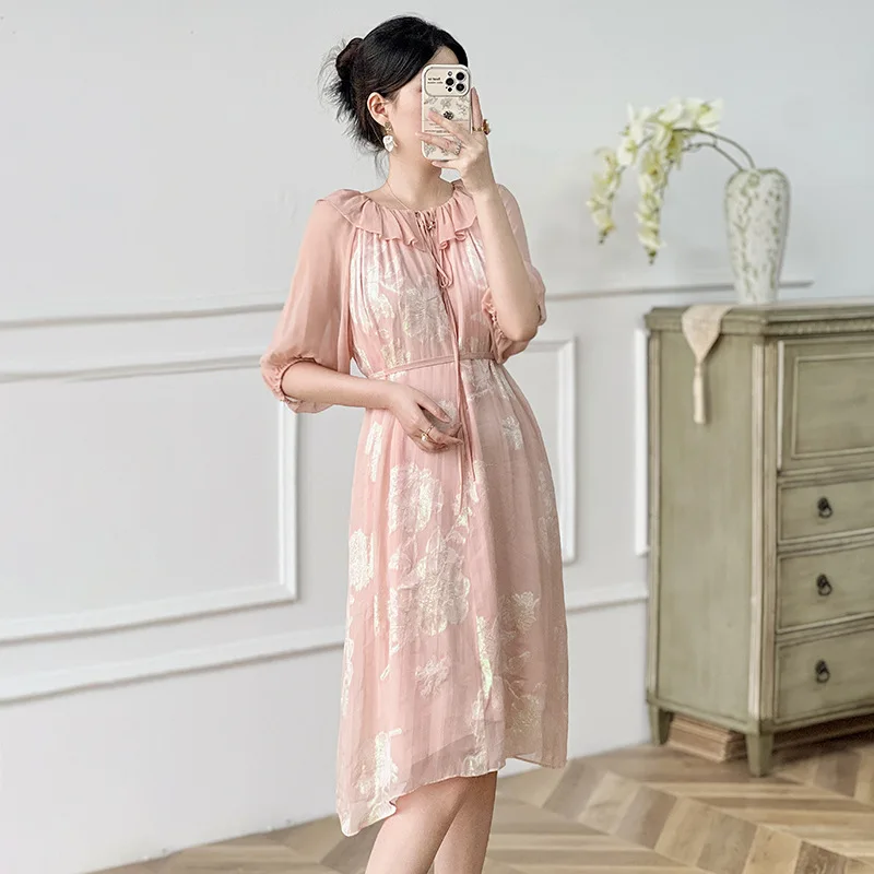 BirdTree, 70%Real Silk Elegant Dresses, Women Half Sleeve High Waist Jacquard, Retro French Commute Dress, 2024 Summer D46208QC