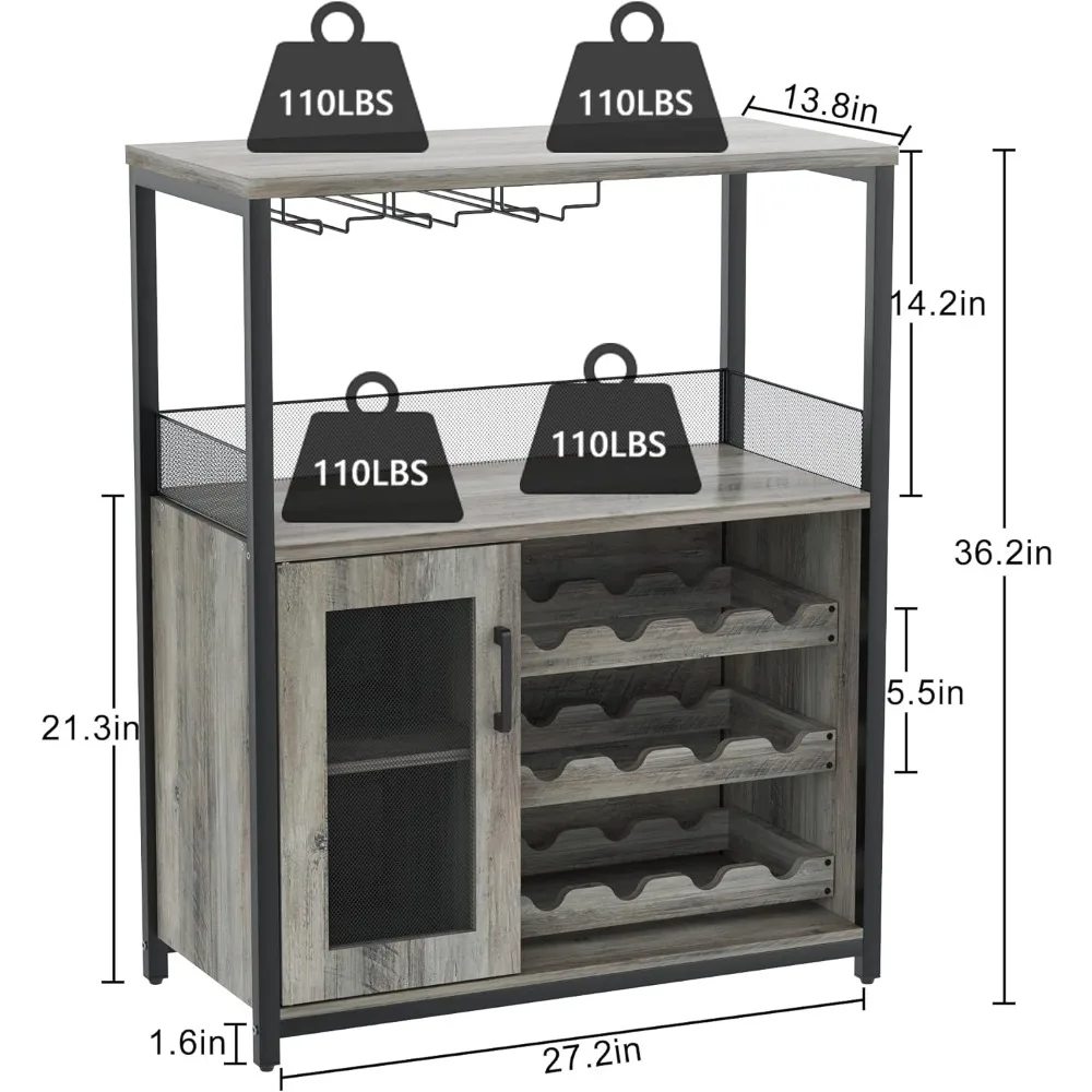 IDEALHOUSE-armario de 3 niveles para vino, mueble de Bar con estante para vino desmontable y espacio de almacenamiento, armario de Buffet con soporte de vidrio y puerta de malla