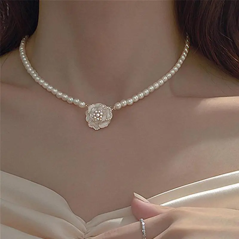Korean Fashion Camellia Pearl Necklace For Women Jewelry Choker 2026 Trending New Sweet Women's Flower Necklaces Colar Kolye