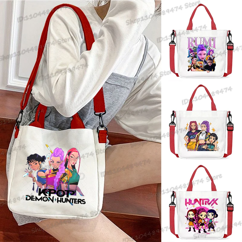 

Canvas Kpop Demon Hunters Anime Shoulder Bag New Red White Women's Handbags Student Hip Hop Kpop Demon Hunters Crossbody Bag