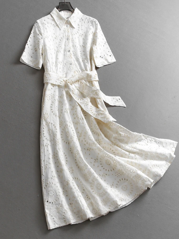 

Heavy Embroidery ort Sve irt Dr Hollow out Waist Cinching Flip Collar Summer Cotton Women's Dr Qingji C207