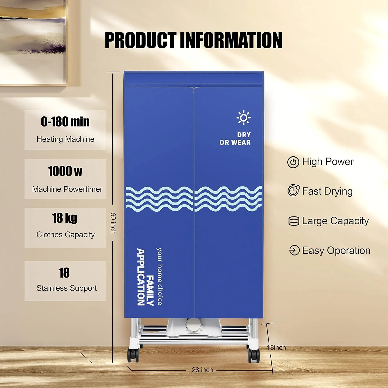 Clothes Dryer, Portable Drying Machine with Timer, 60inch Laundry Drying Wardrobe with Large Capacity,  Dryer/Rack for  | Appart
