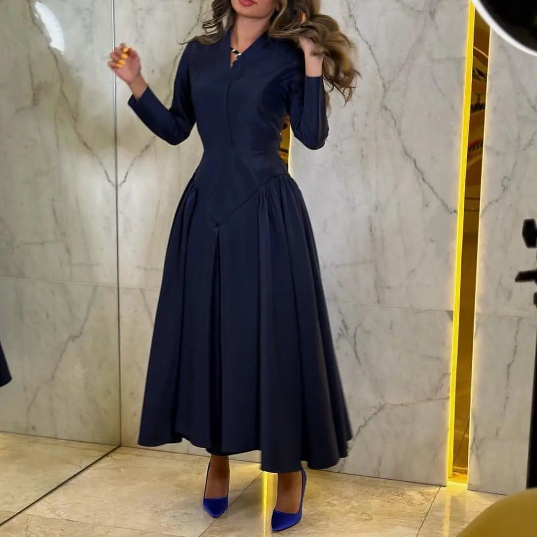 

GIOIO V-Neck Luxury Formal Evening Dress A-Line Pleat Long Sleeves فساتين سهرة Ankle Length Elegant Prom Growns Party Women