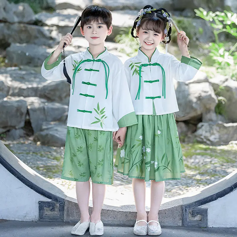 Conjunto hanfu para homens e mulheres, conjunto de duas peças, bordado em estilo chinês, conjunto de verão infantil antigo