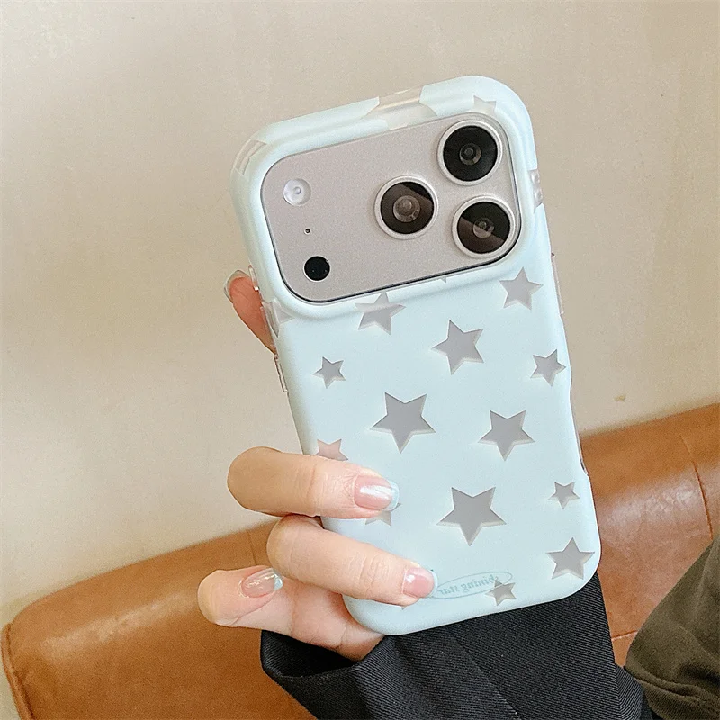 Korean Ins Star Print Case For iPhone 15 16 17 Pro Max Cute Pastel Yellow Blue Purple Colors Dots Shockproof Cover