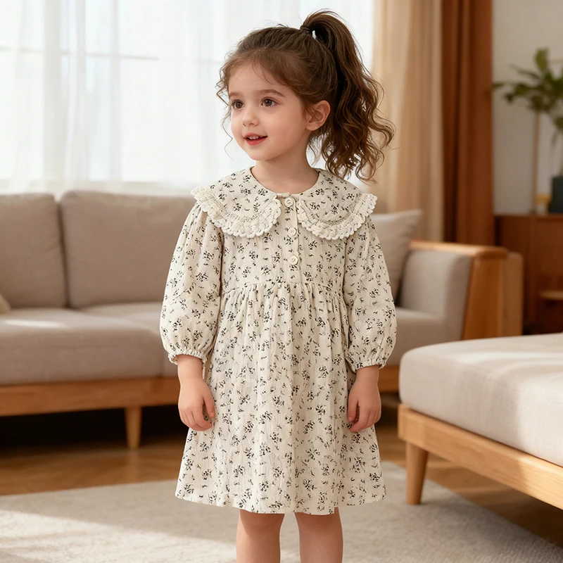 2026 neue Frühjahr Kinder Baumwolle Floral Party Kleid Kind Prinzessin Kleid 2-6Y Lange Ärmeln Druck Mädchen Europäischen Amerikanischen Stil kleid
