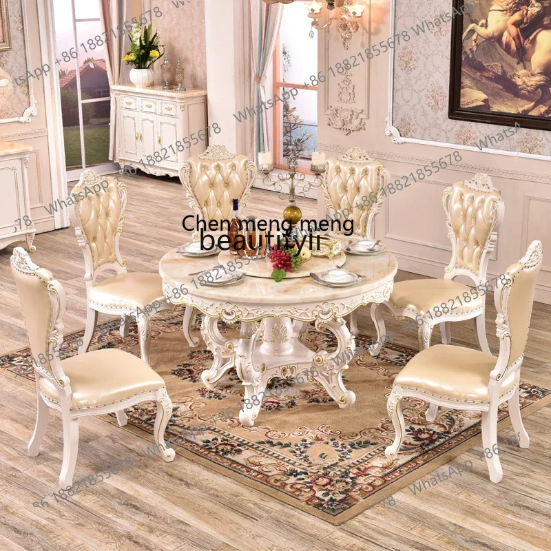 178European marble dining table, American luxury restaurant solid wood carving flower belt turntable household, round table2936