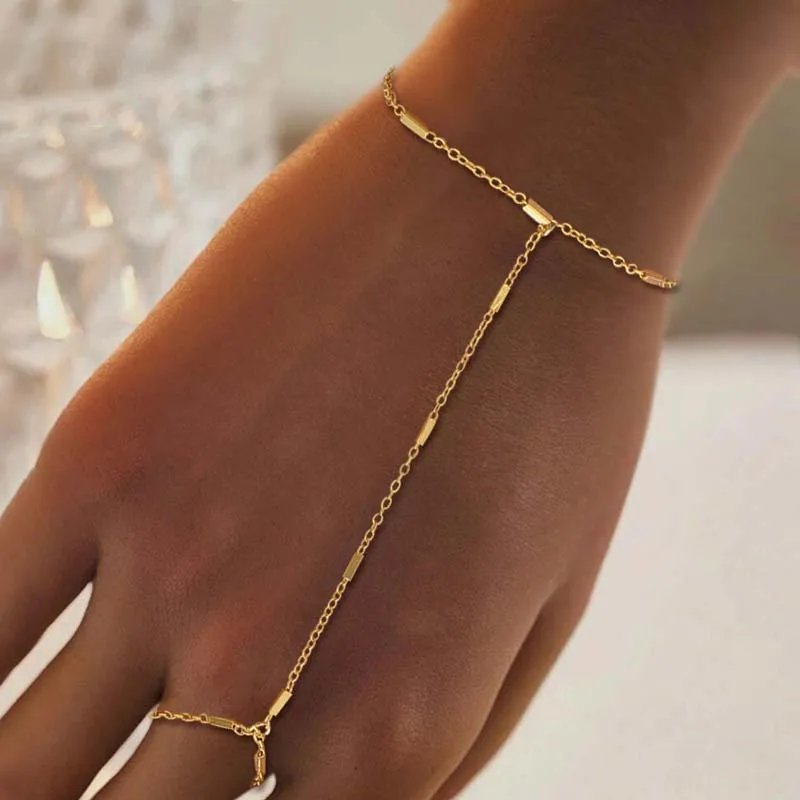 Trendy Gold Color Square Hand Chain Ring Bracelet For Women Simple Metal Link Chain Handmade Beaded Bracelets Jewelry Gift