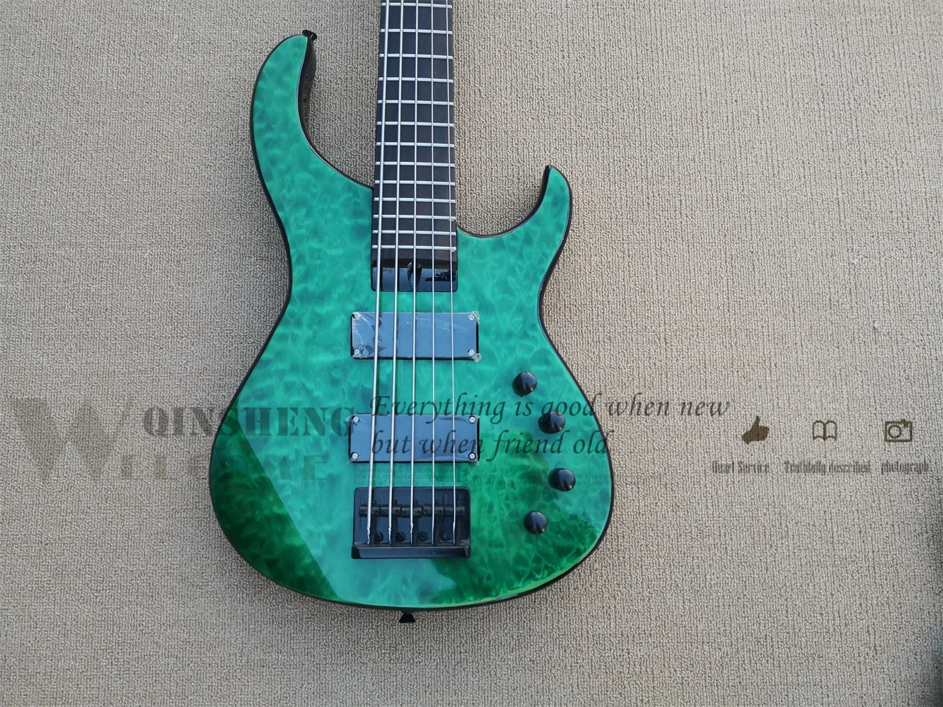 Custom 5 string classic electric bass guitar, green mo bass, squilted veneer, gold bridge, black button