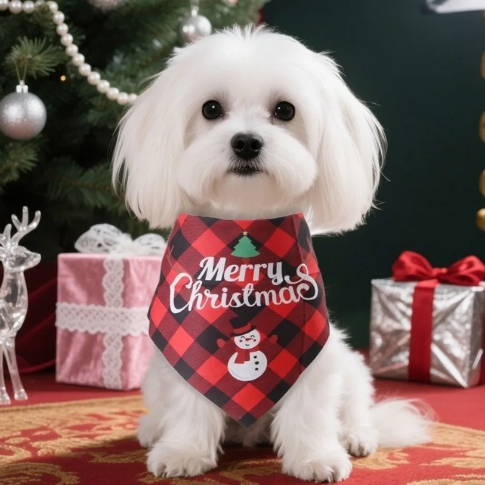 

Red Green Grid Christmas Dog Scarf Adjustable Snowman Dog Saliva Towel Santa Claus Pet Triangle Scarf Home Decor