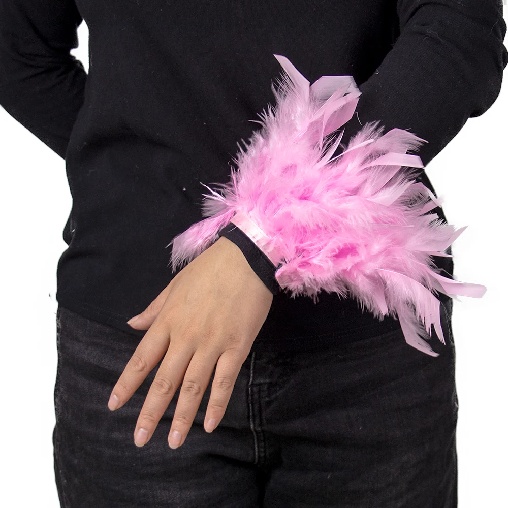 المرأة الوردي تركيا ريشة الأصفاد طويلة الأكمام بلوم تقليم الصيف ملابس الحفلات اكسسوارات السيدات الفراء ريشة المعصم كم المفاجئة على