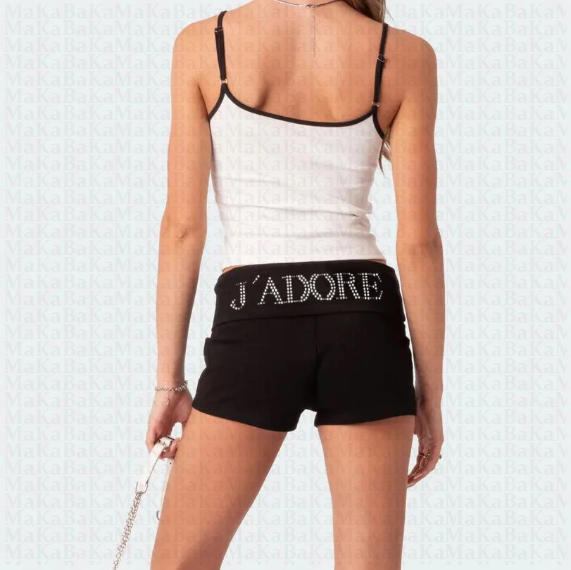 Эстетичные женские шорты с надписью стразы, повседневные корейские широкие брюки на шнуровке с эластичным поясом, шорты для велосипедистов, одежда Y2k