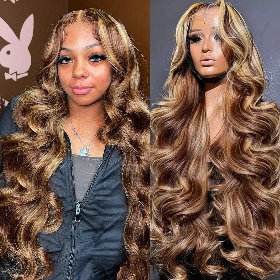 Highlight 13x6 Lace Frontal Wig Human Hair Body Wave 13x4 Hd Lace Front Wig For Women 4/27 Blonde Ombre Brown Colored Wig 36Inch