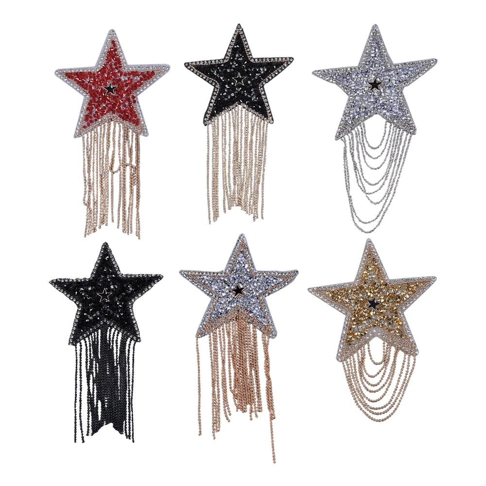 Rhinestone Star Patches with Chains Tassel Badge 6 Mix Color Sparkling Patch Iron on Applique for DIY Clothes Hat Embellishmen