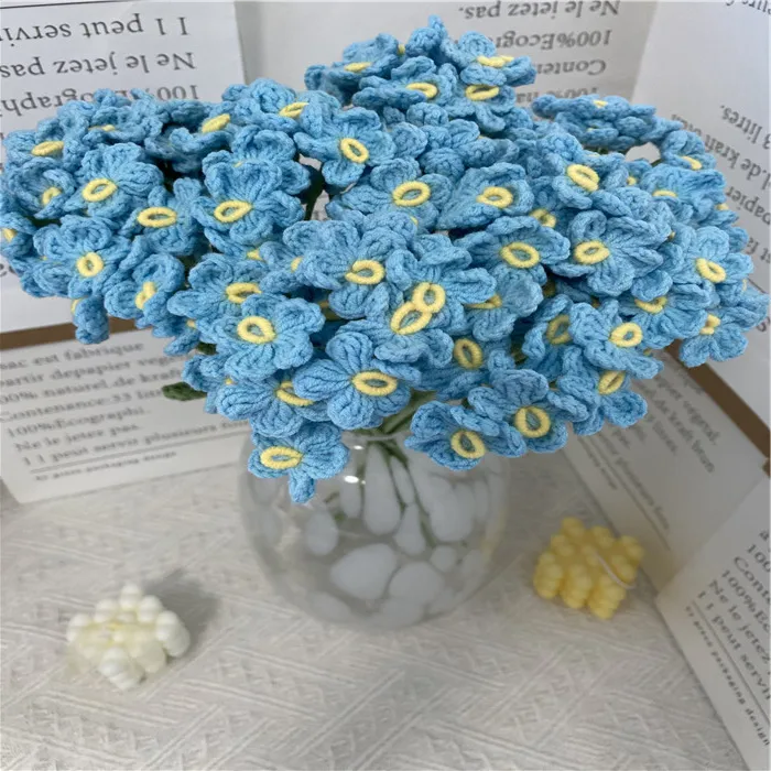 2023 Tianjin SY New 40cm 7heads Crochet Forget-me-not Bouquet Flowers, 100% Finished Knitted,Handmade Knitted Bouquet Kit myosot